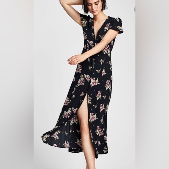 Zara black floral button up midi dress - Picture 2 of 8